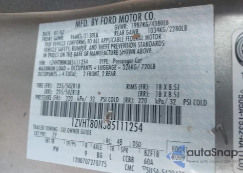 2008 Ford Mustang V6 Deluxe/V6 Premium из США, поврежденный, VIN 1ZVHT80N385111254